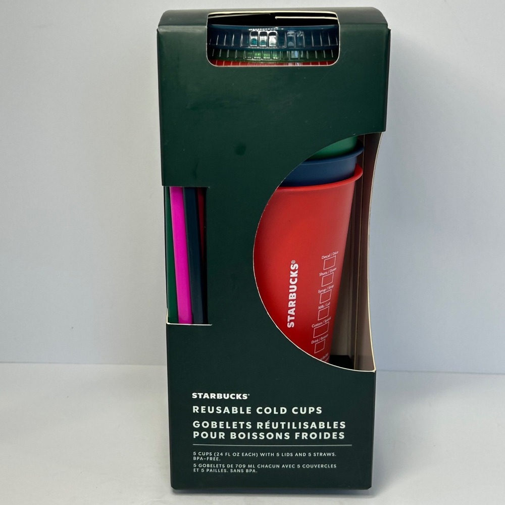 Starbucks 2021 Holiday Reusable Cold Cups 5 Pack 24oz Tumblers Lids Straws NEW